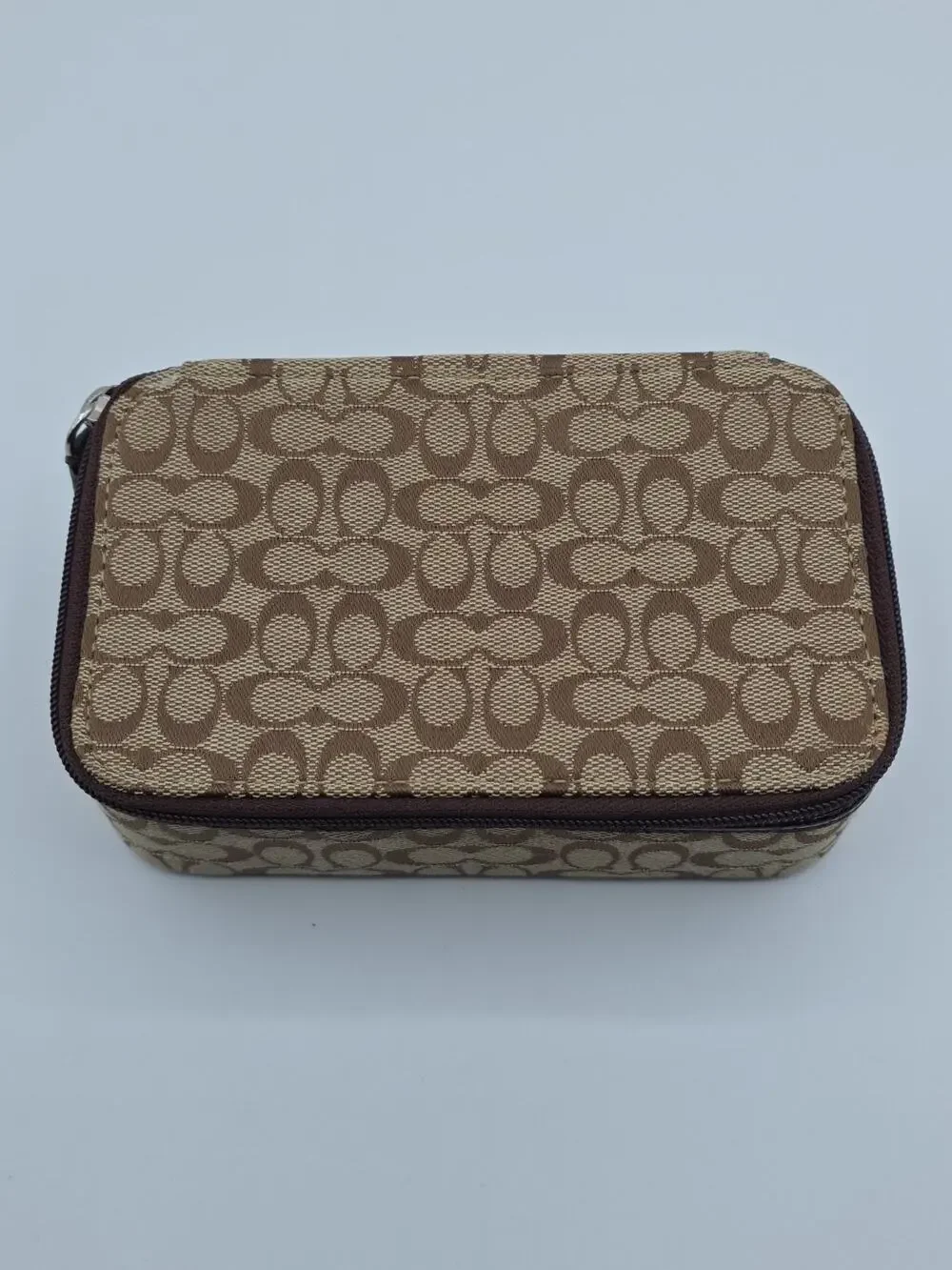 Coach Signature Travel Cosmetic Jewelery Bag Brown Leather Trim Zip Case 6x4 x2